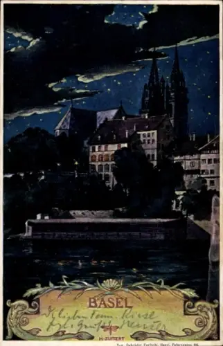 Künstler Ak Süffert, H., Bâle Basel Stadt Schweiz, Nachtansicht der Stadt