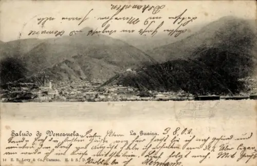 Ak La Guaira Venezuela, Berglandschaft, Hafenstadt, Schiffe, Text in Spanisch