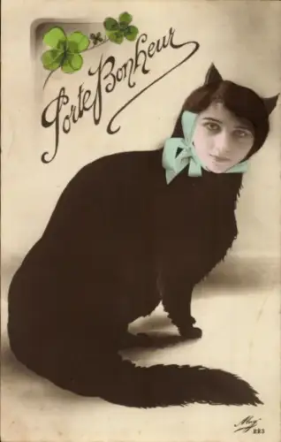 Ak Glücksbringer, Schwarze Katze, Klee, Frauenportrait