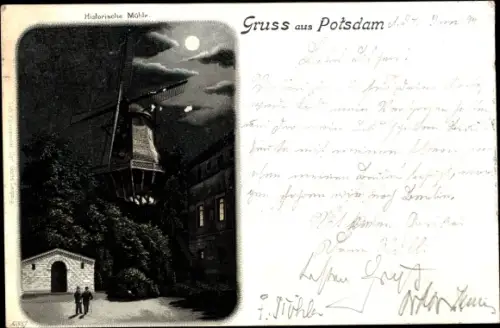 Mondschein Litho Potsdam in Brandenburg, Historische Mühle, Windmühle