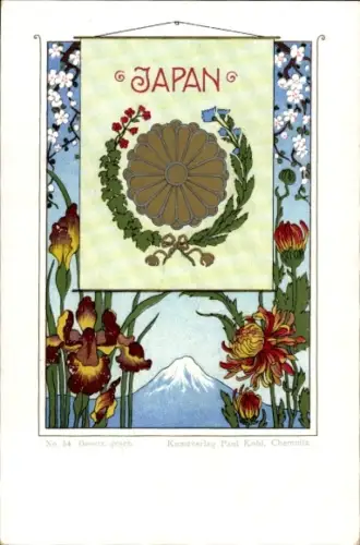 Wappen Litho Japan, Iris, Blüten, Kunstverlag Paul Kohl Chemnitz, No. 54