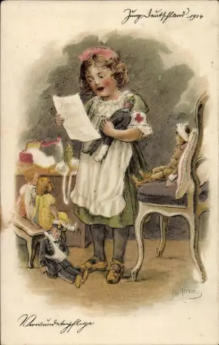 Künstler Ak Heydel, Paul, Jung Deutschland 1914, Verwundetenpflege, Mädchen mit Puppen