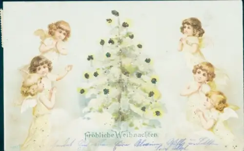 Glitzer Ak Glückwunsch Weihnachten, Engel, Tannenbaum