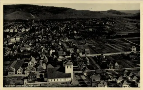 Ak Fellbach in Württemberg, Luftaufnahme von  Häuser, Felder, Berge