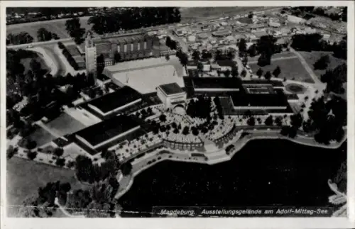 Ak Magdeburg an der Elbe, Luftaufnahme, Ausstellungsgelände, Adolf-Mittag-See, Magdeburg