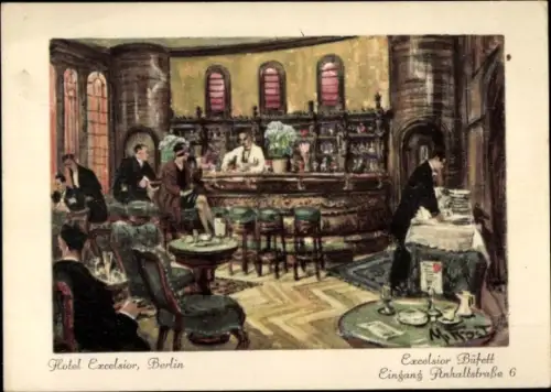 Künstler Ak Berlin Kreuzberg, Hotel Excelsior, Excelsior Büfett, Anhaltstraße 6, Inh. Curt Elschner