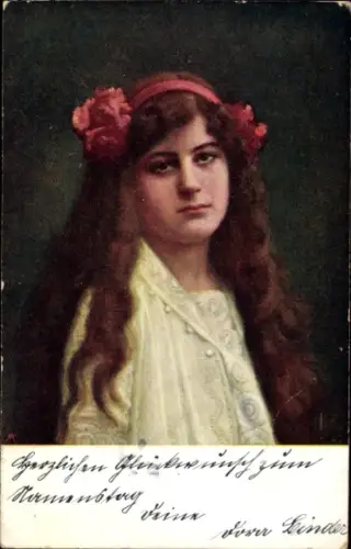 Künstler Ak Unser Liebling, Mädchen mit langem Haar, Portrait