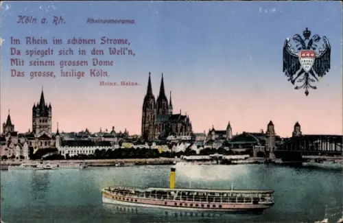 Ak Cöln Köln am Rhein, Köln am Rhein, Rheinpanorama, großer Dom, Schiff auf dem Rhein, Gedicht vo