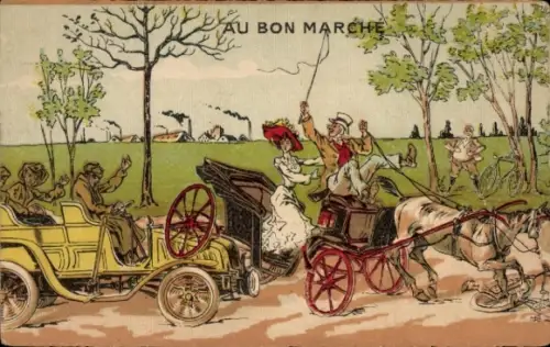Künstler Ak Au bon Marché, Kutsche, Automobil, Unfall