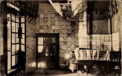 Ak Schnoor Bremen, Innenansicht eines alten Bremer Hauses, Fliesenwand, Tür, Fenster, Möbel