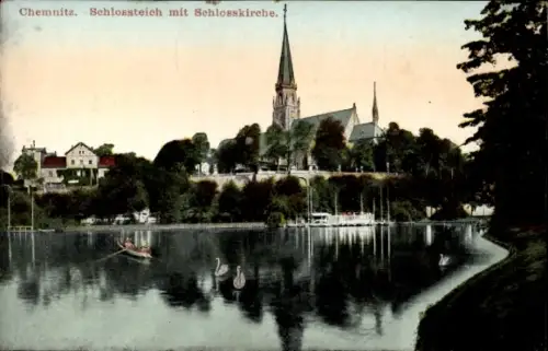 Ak Chemnitz in Sachsen,  Schlossteich, Schlosskirche, Wasser, Boote, Schwäne