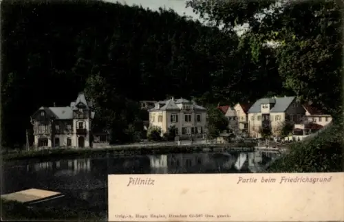 Ak Dresden Pillnitz, Landschaft mit Häusern, Wasser, Bäume, Text: Partie beim Friedrichsgrund
