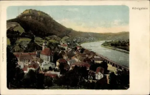 Ak Königstein an der Elbe Sächsische Schweiz, Blick auf  Fluss, Berge, Stadtansicht