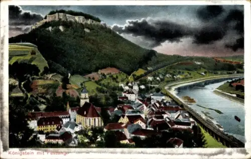 Ak Königstein an der Elbe Sächsische Schweiz,  Festung, Fluss, Berge, Häuser, Wolken