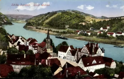 Ak Stadt Wehlen an der Elbe Sächsische Schweiz, Sächsische Schweiz,  Flusslandschaft, Berge,  Geb