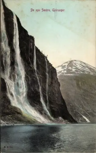 Ak Geiranger Norwegen, Wasserfälle, Berglandschaft, norwegische Natur, farbige 