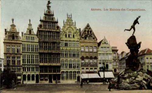 Ak Anvers Antwerpen Flandern,  Les Maisons des Corporations, Statue,  Gebäude