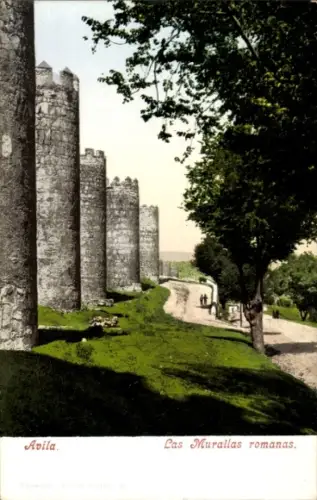 Ak Avila Kastillen und Leon, Stadtmauer von  Bäume, Weg, Menschen