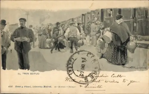 Künstler Ak Madrid, El Tren Botijo, Zug im Bahnhof, Fahrgäste in Trachten