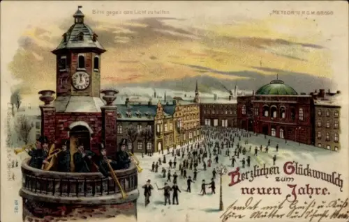 Halt gegen das Licht Litho Fröhliches Neujahr, Turmbläser, Uhr, Meteor