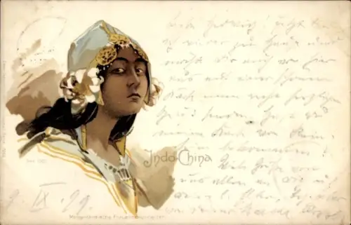 Litho Indochina, Indo Chine, Dunkelhäutige Asiatin mit Kopfbedeckung, Portrait
