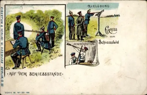 Litho Auf dem Schiesstand, Zielübung, Gewehrputzen