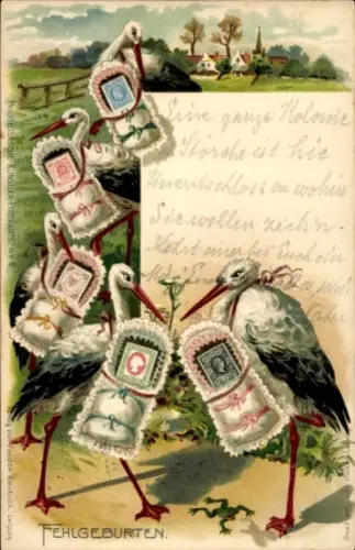 Briefmarken Litho Fehlgeburten, Störche mit Briefmarken anstatt Babys