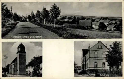 Ak Hundheim Morbach im Hunsrück, katholische Kirche, Schulhaus
