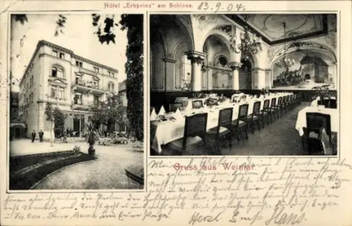 Ak Weimar in Thüringen, Hotel Erbprinz, Speisesaal, Tischgedeck, Gruss aus Weimar