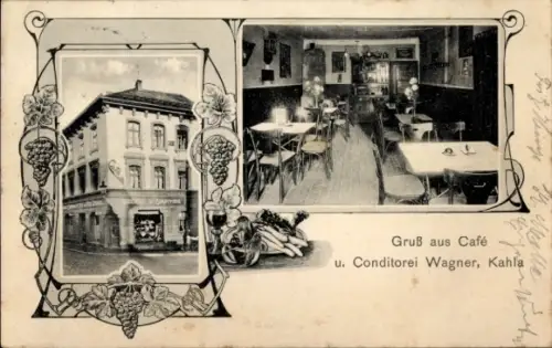 Ak Kahla in Thüringen, Café Wagner, Innenansicht, Außenansicht, Gruß aus Café, Kahla