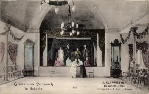 Ak Tornesch in Holstein,  J. Klappmeyer, Bahnhofs-Hotel, Saal