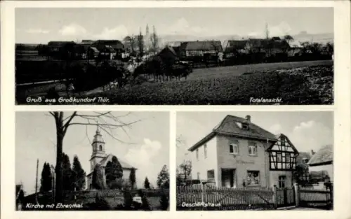 Ak Großkundorf Teichwolframsdorf Thüringen, Totalansicht, Kirche mit Ehrenmal, Geschäft Kurt Hammer