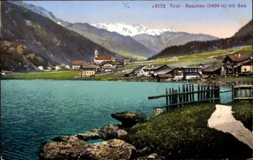 Ak Reschen Resia Südtirol, Tirol,  See, Berge, Dorf, 1494 m