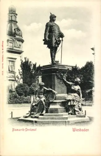 Ak Wiesbaden in Hessen, Bismarck-Denkmal, Statue,  zwei allegorische Figuren