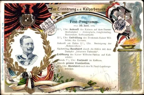 Präge Wappen Ak Hamburg, Erinnerung an den Kaiserbesuch, Fest-Programm 20. Juni