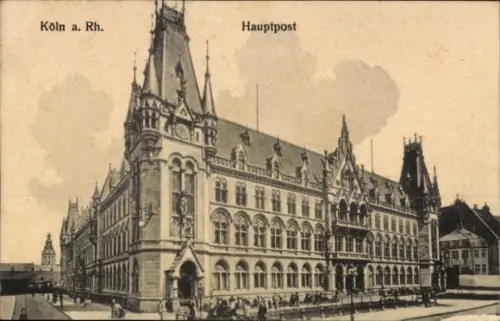 Ak Cöln Köln am Rhein, Hauptpost,  Architektur, schwarz-weiß, Menschen auf der Straße