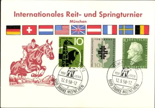 Ak Internationales Reit- und Springturnier München, Stempel 800 Jahre München 1158 - 1958