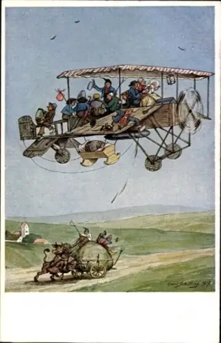 Künstler Ak Schilling, Carl, voll beladenes Flugzeug über dem Feld, Bauer mit Karren