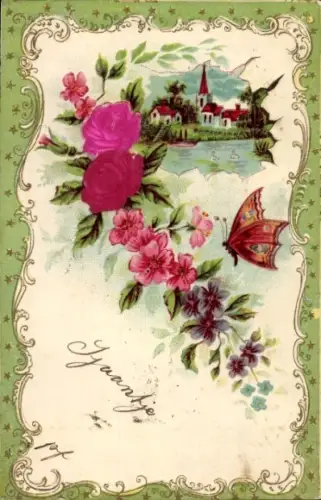 Präge Stoff Litho Blumen, Rosen, Kirche, Kitsch