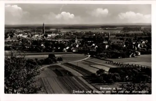 Ak Braunau am Inn Oberösterreich, Braunau a. Inn, Simbach, Marienhöhe, Landschaft, Felder, Kirche