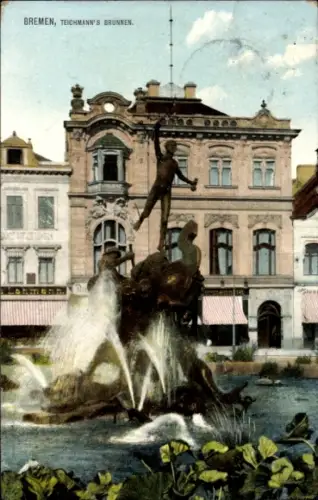 Ak Schnoor Bremen, Teichmanns Brunnen, Statue, Wasserfontänen, Gebäude im Hintergrund