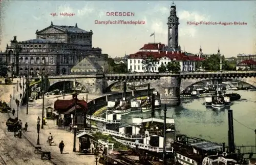 Ak Dresden Altstadt, Hofoper, Dampfschifflandeplatz, König-Friedrich-August-Brücke