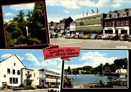 Ak Wadern im Saarland, Mariensäule, Rathauspartie, Wader Saar, Kreis Merzig- Marktplatz, Schwimmb
