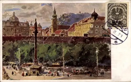 Ak Graz Steiermark, Stadtansicht, Denkmal, Menschenmenge, Poststempel, Jahr 1921