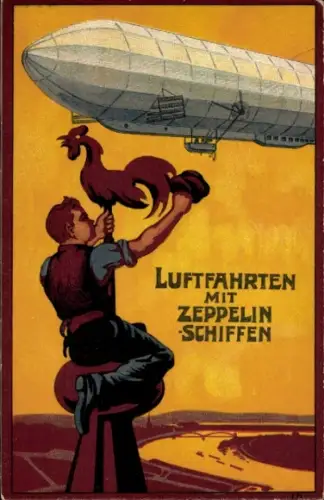 Künstler Ak Luftfahrt mit Zeppelin-Schiffen, Luftschifffahrt, Mann, Wetterhahn