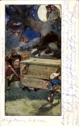 Künstler Ak Stollwerck Chocolade, Gruppe 8, No. III, Zwerge mit Holztruhe, Eule
