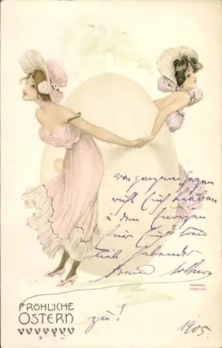 Jugendstil Künstler Ak Kirchner, Raphael, Frohe Ostern, Zwei Frauen mit einem Ei