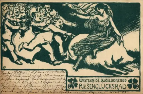 Künstler Ak Düsseldorf, Künstlerfest, Riesenglücksrad, Frau auf einem Schwein reitend