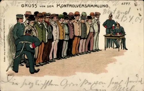 Litho Kontrollversammlung, Deutsche Soldaten in Uniform, Musterung, Rekruten, BB&OL 6297