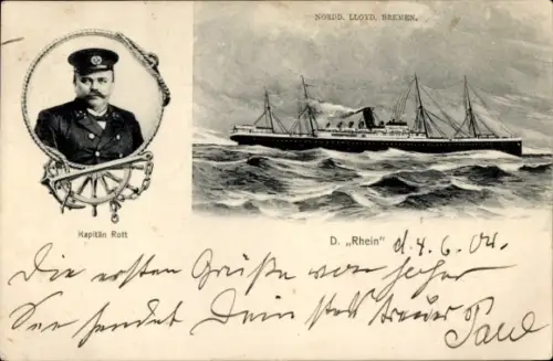 Ak Dampfer Rhein, Norddeutscher Lloyd Bremen, Kapitän Rott